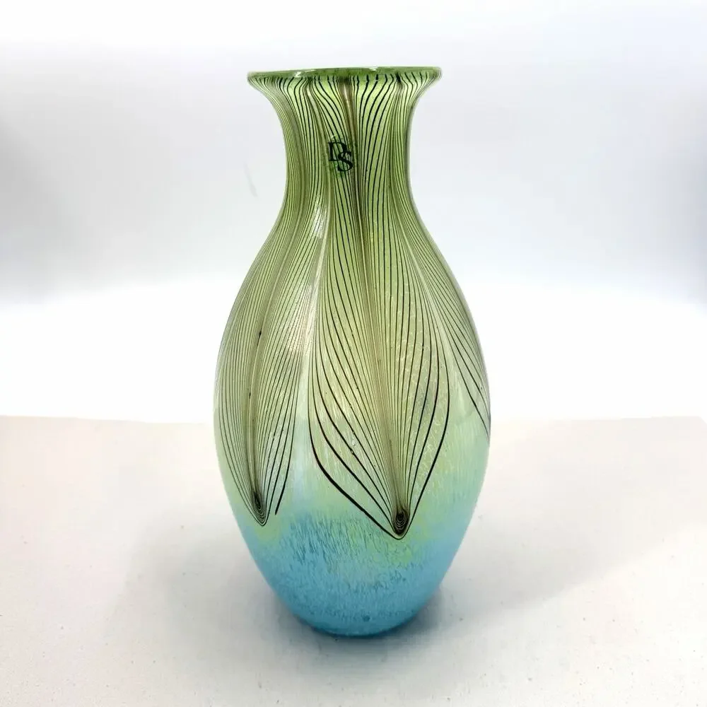 Boho Blue Green Pulled Feather Murano Style Art Glass Vase Hand Blown 12.75